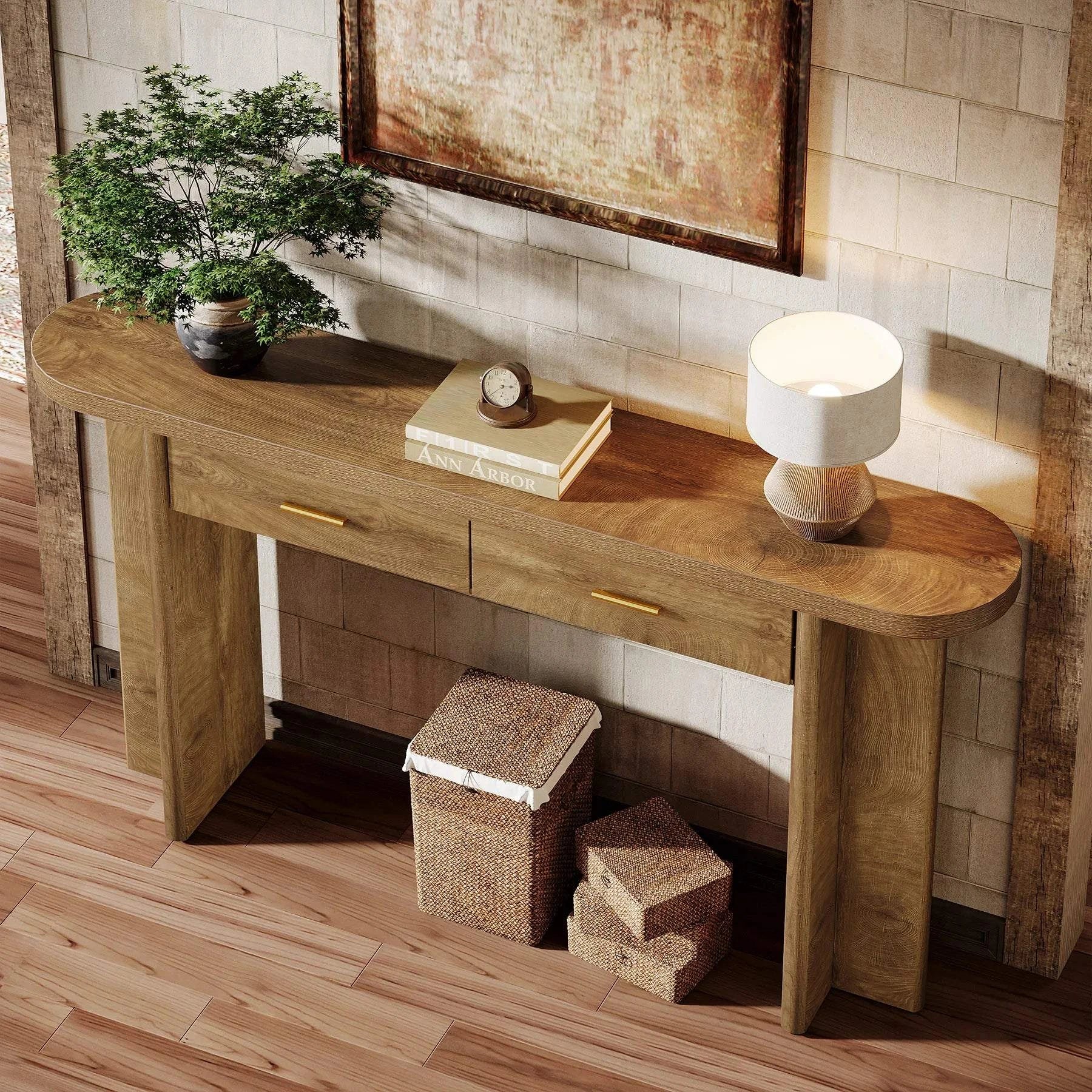 Farmhouse Oval Curved Entryway Table with Storage