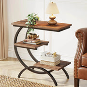 C-shaped end table with antique iron frame and rustic brown top, 3-tier storage, retro style, space-saving design