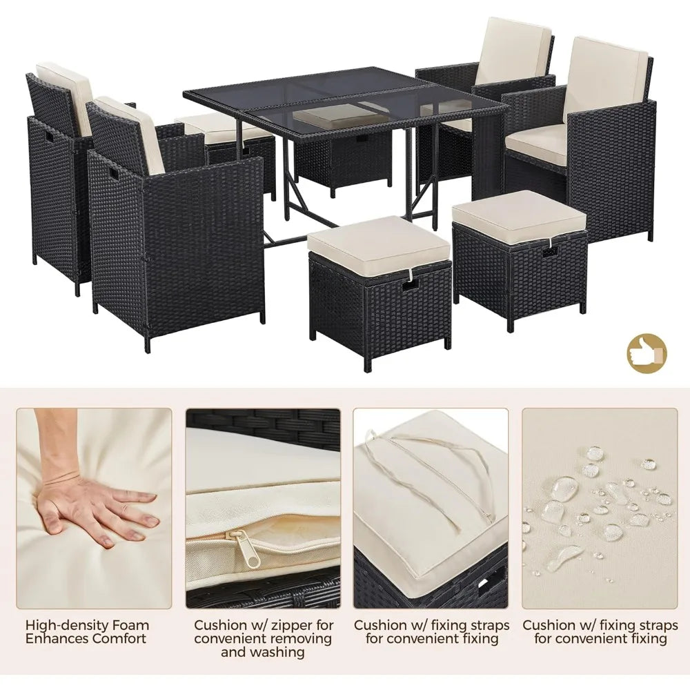 9-piece modern patio dining set with rattan chairs and glass table outdoors