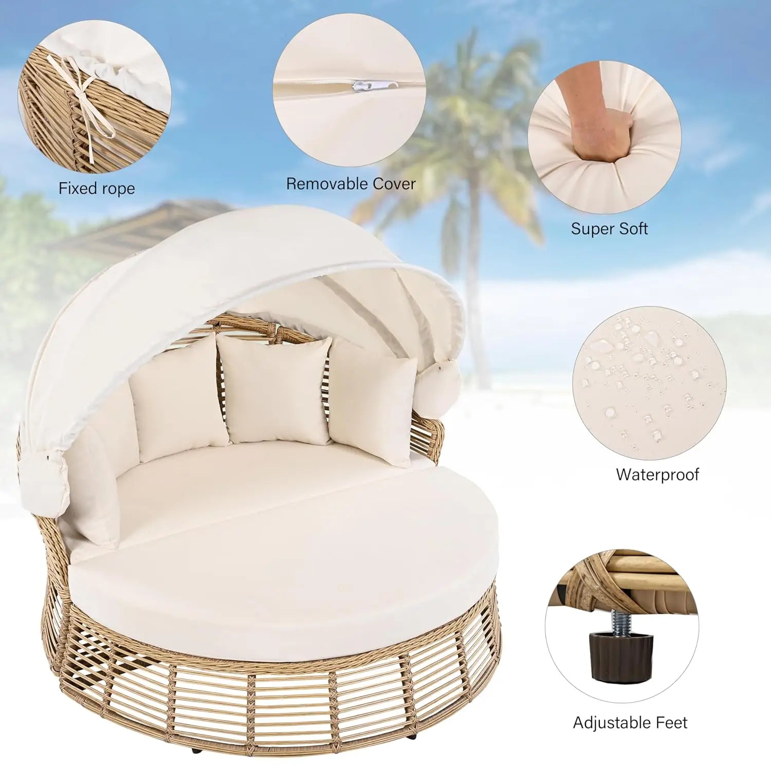 Modern rattan round daybed with retractable canopy and cushions for outdoor patio