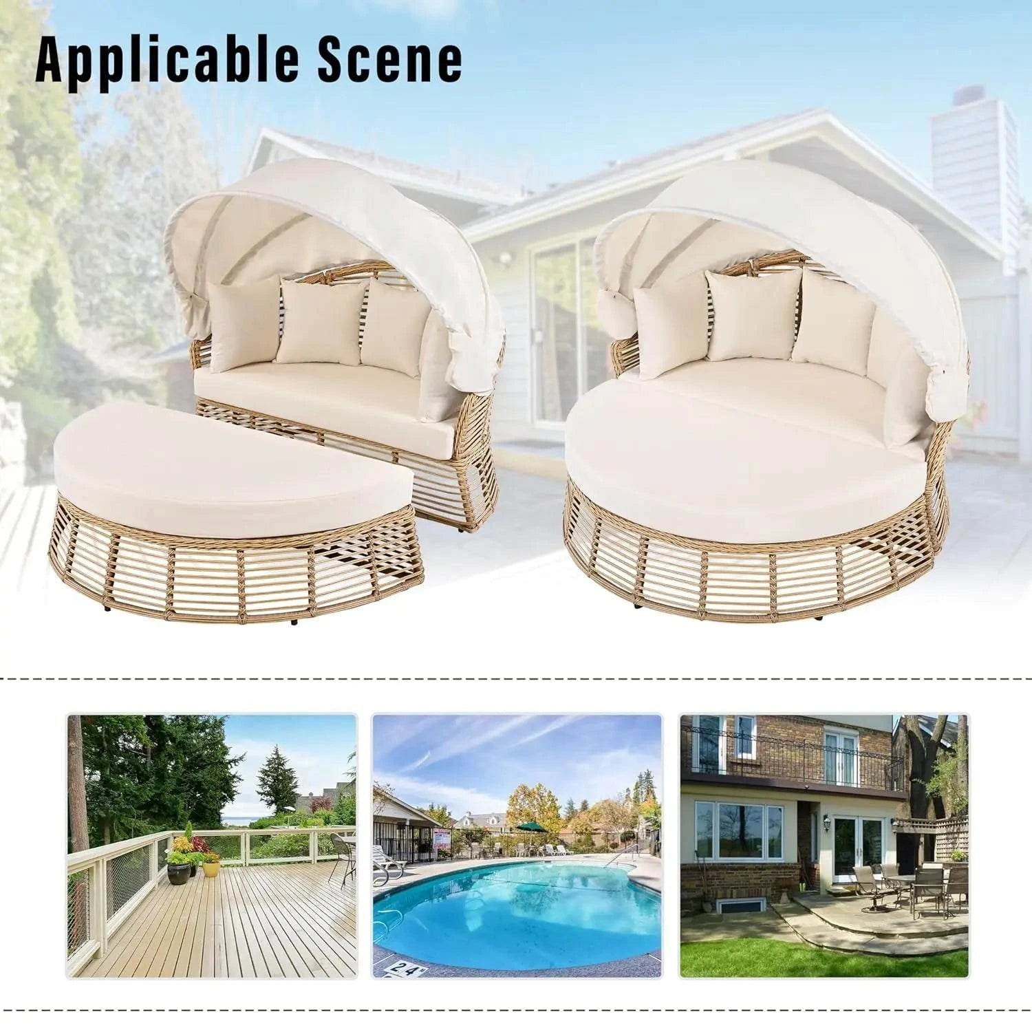Modern rattan round daybed with retractable canopy and bamboo frame, outdoor patio furniture