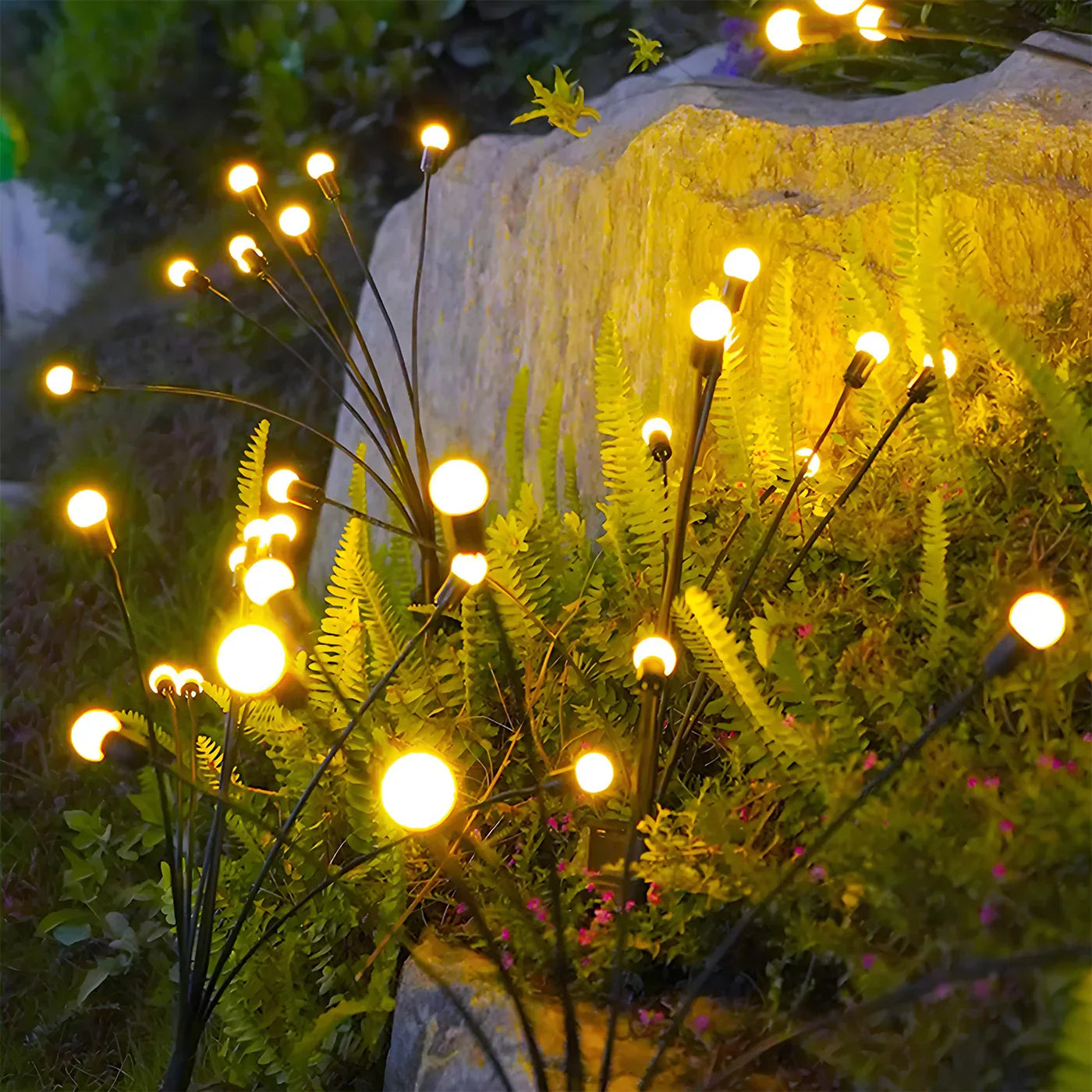 Outdoor solar firefly stake lights with warm white LED bulbs and flexible iron wire design
