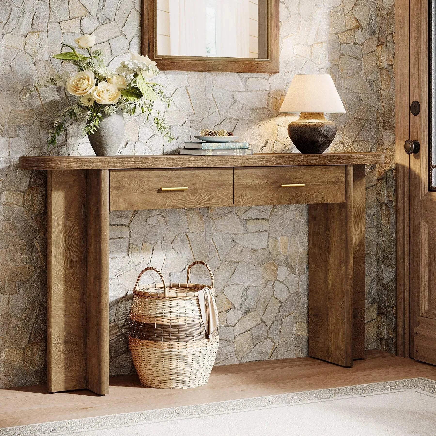 Farmhouse Oval Curved Entryway Table with Storage