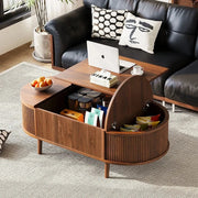 Antique brown oval lift-top coffee table with hidden storage and wood wave grain finish