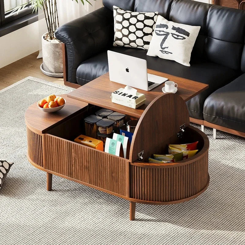 Antique brown oval lift-top coffee table with hidden storage and wood wave grain finish
