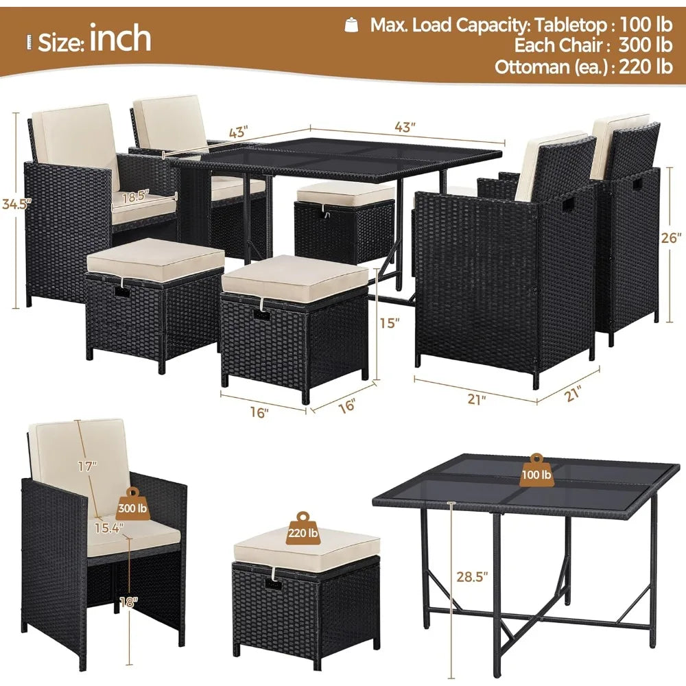 9-piece patio dining set with outdoor rattan chairs and glass table in modern minimalist style