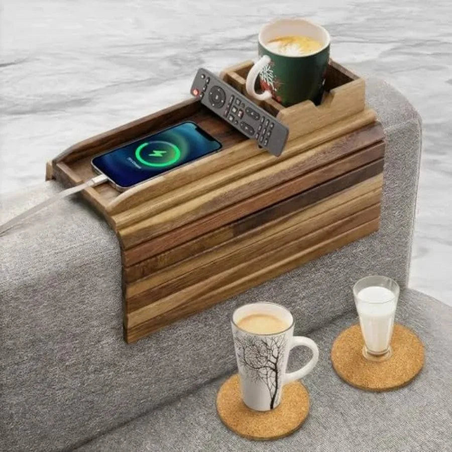 Bamboo couch cup holder tray for drinks and snacks