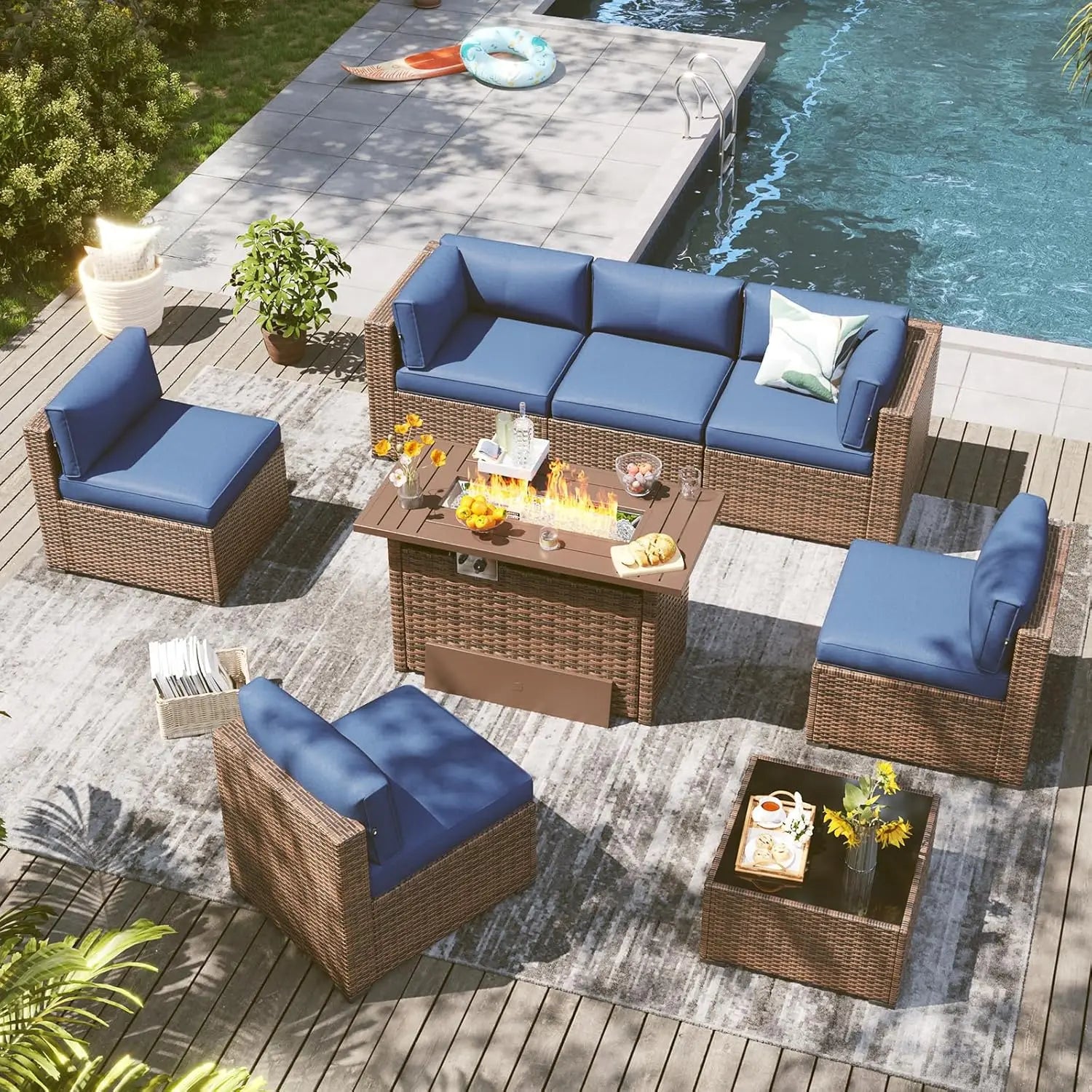 8 Piece Outdoor Patio Furniture Set with 44'' Fire Pit Table