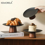 Round acacia wood cake stand by KEMORELA with footed base for elegant dessert display