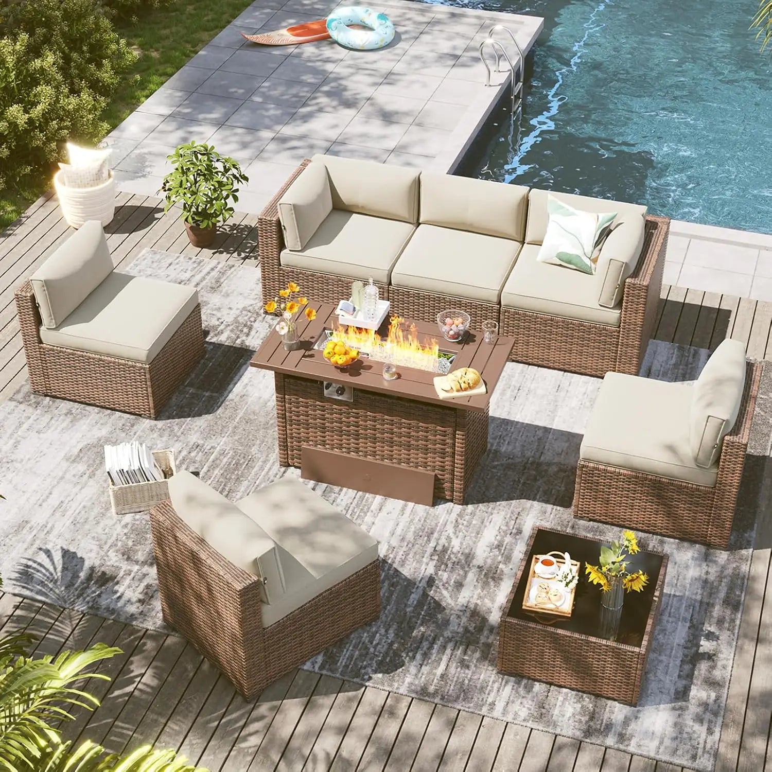 8 Piece Outdoor Patio Furniture Set with 44'' Fire Pit Table