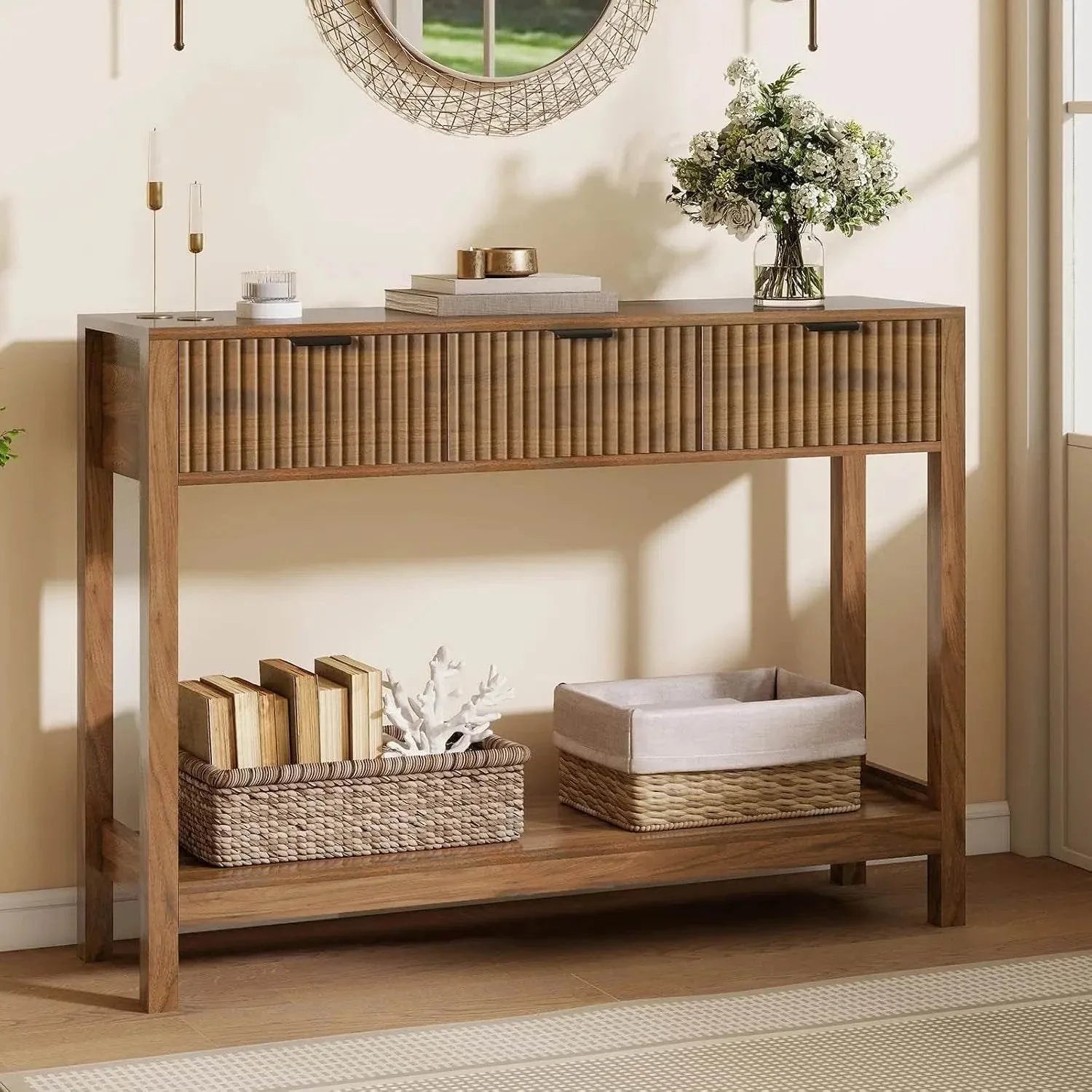 Fluted console table with drawers and rustic wood finish in modern home setting