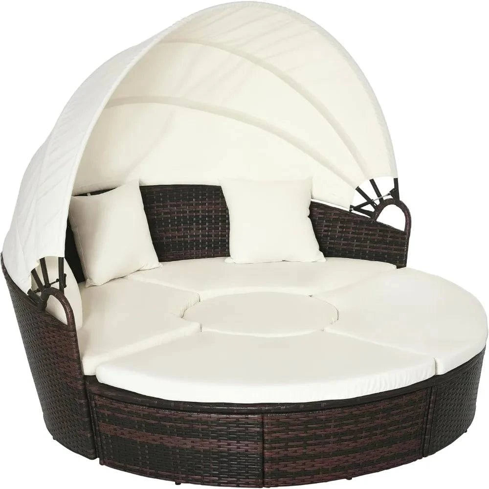 4-piece modern round convertible daybed with cushions and retractable canopy for outdoor use