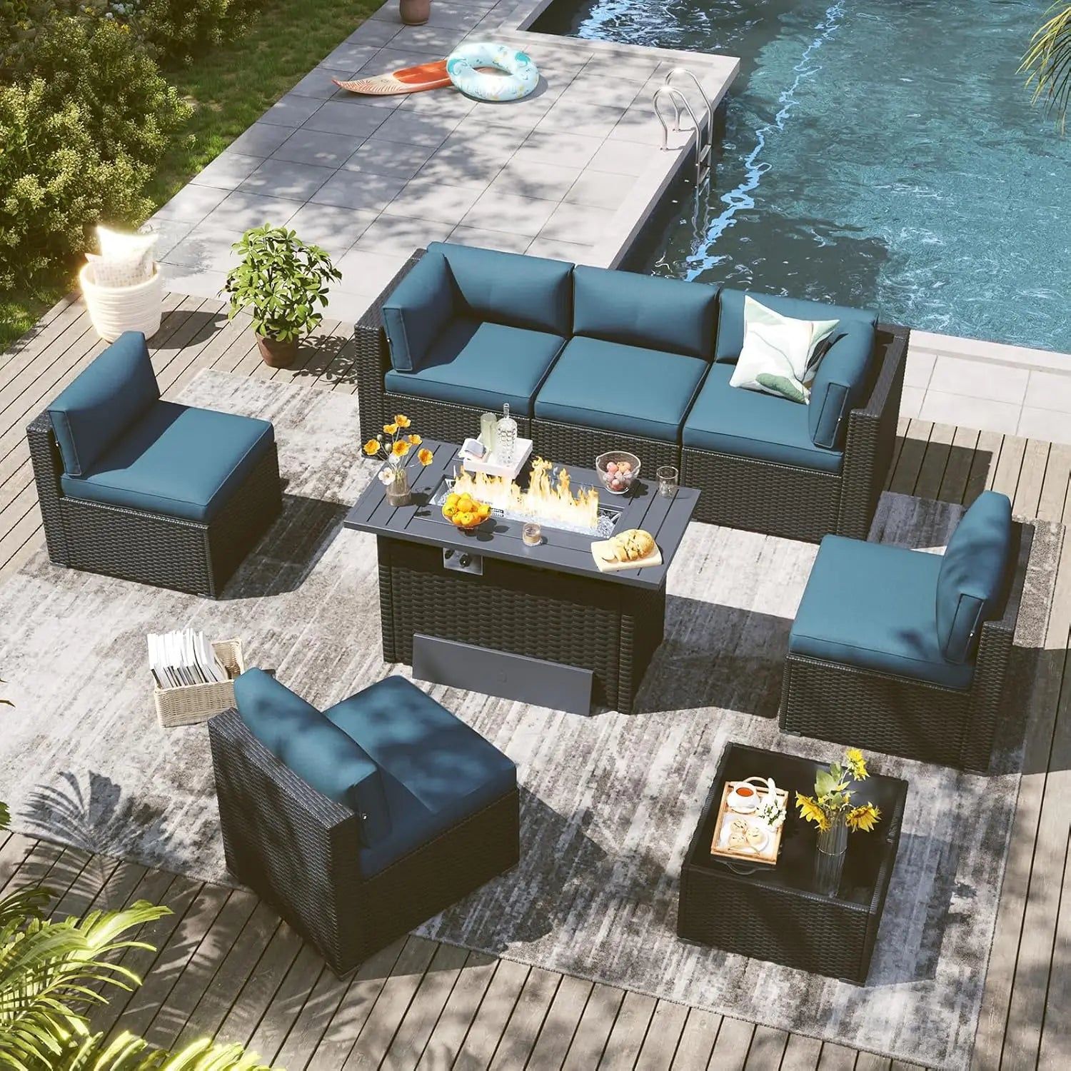 8 Piece Outdoor Patio Furniture Set with 44'' Fire Pit Table