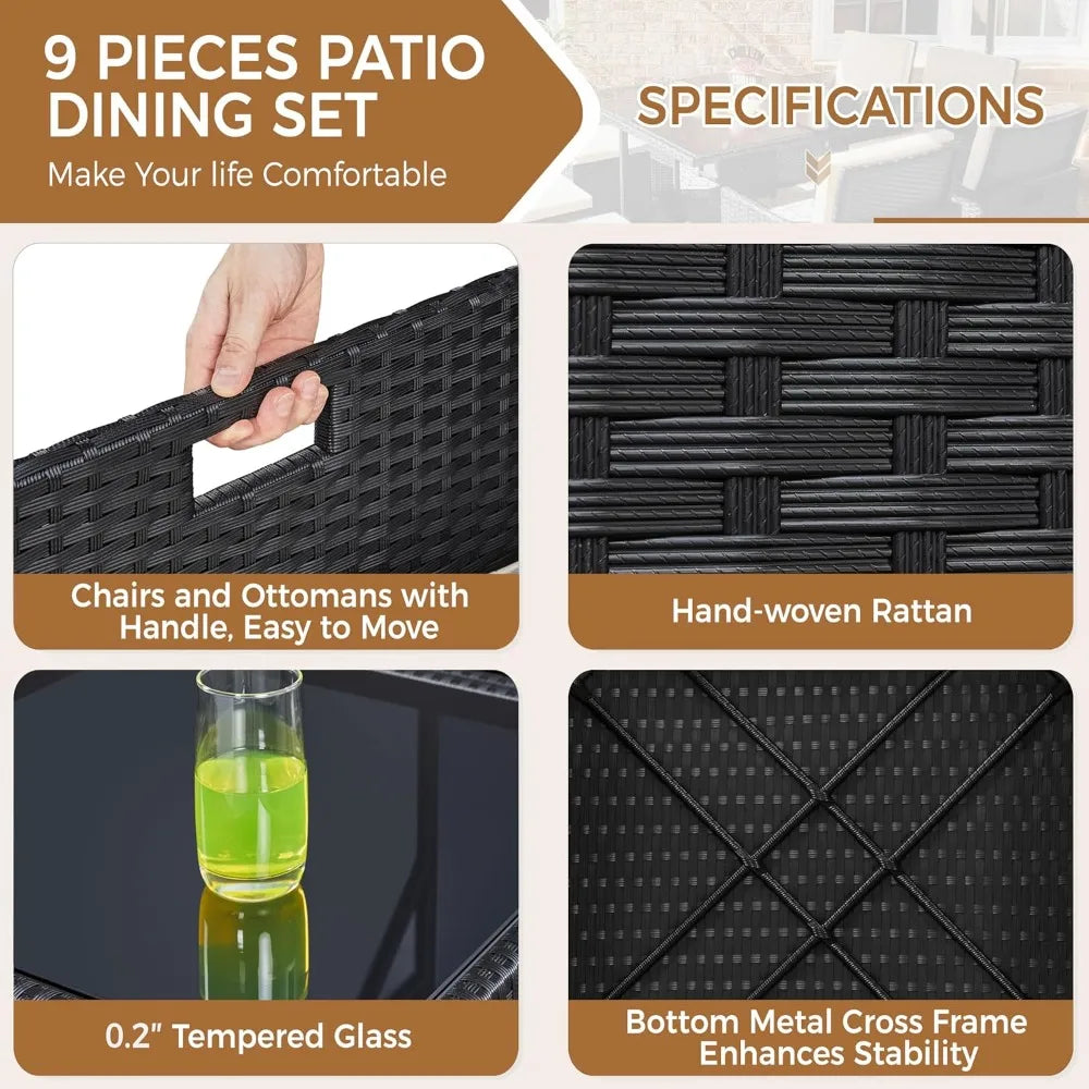 9-Piece Patio Dining Sets, Outdoor Space Saving Rattan Chairs with Glass Table, Wicker Sectional Conversation Furnitur