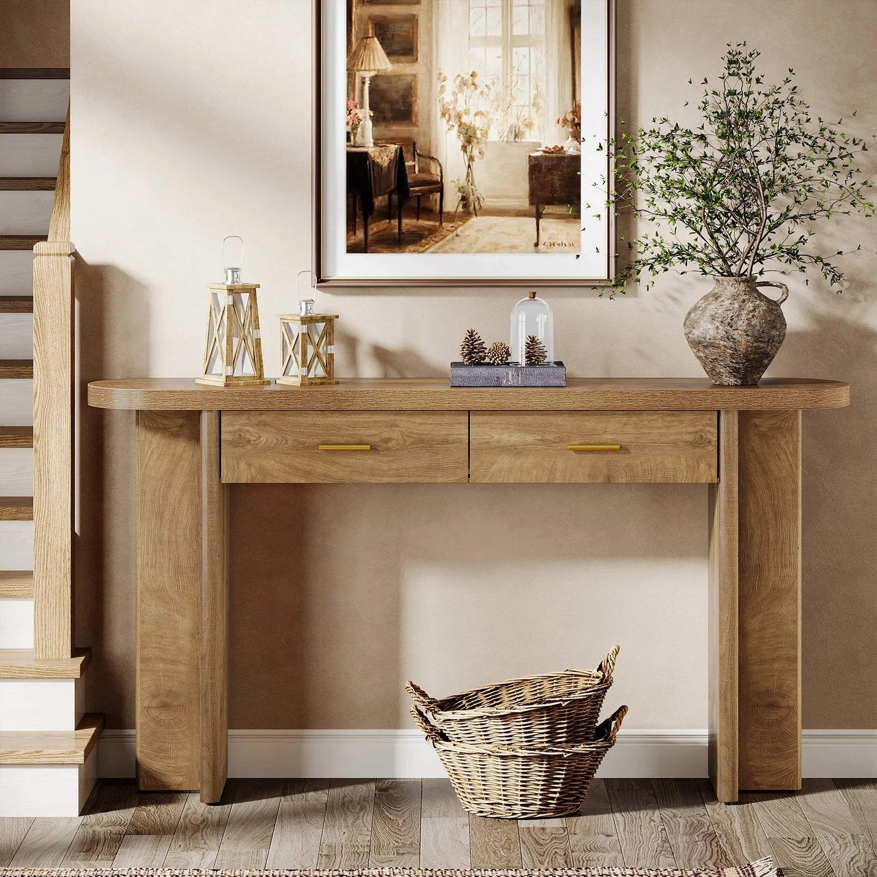 Farmhouse Oval Curved Entryway Table with Storage