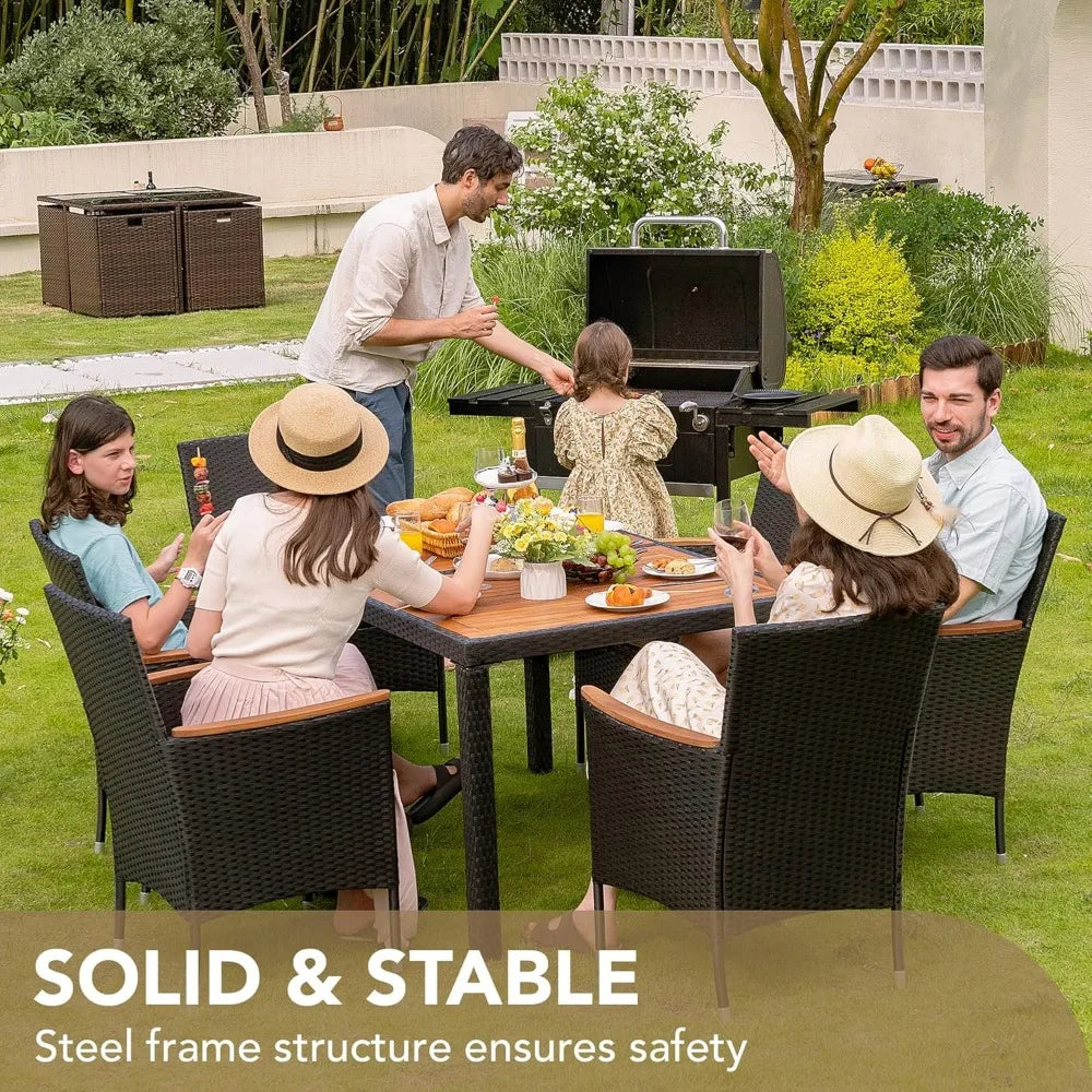 7-piece modern terrace reception set with acacia wood tabletop and rattan chairs