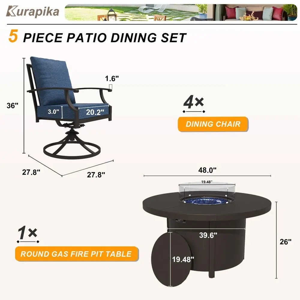 5 Piece Metal Outdoor Patio Furniture Set with Round Fire Pit Table