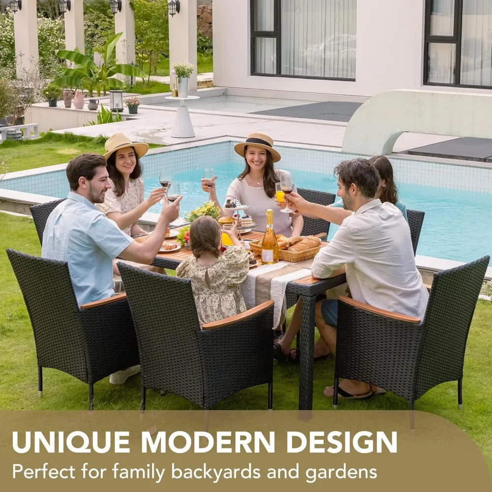 7-piece terrace reception set with acacia wood tabletop and hand-woven rattan chairs outdoors