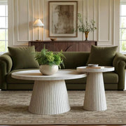 Minimalist modern wooden nesting coffee table set of 2 with travertine-inspired tops