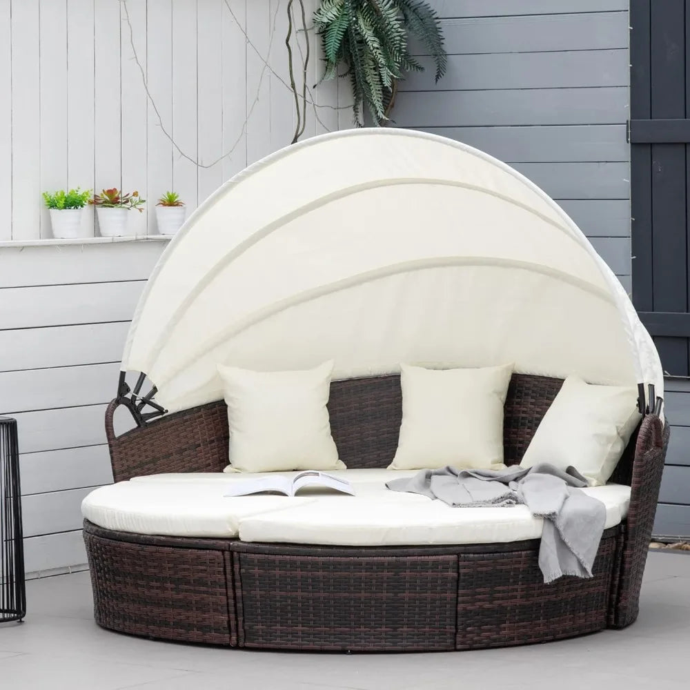 4-piece modern round convertible daybed with cushions and retractable canopy for outdoor use