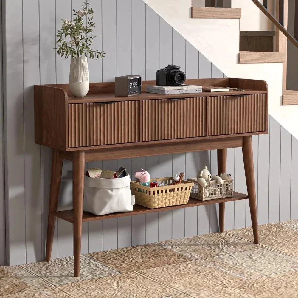Walnut narrow console table with three drawers and lower storage rack in wood design