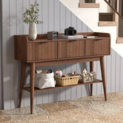 Walnut narrow console table with three drawers and lower storage rack in wood design