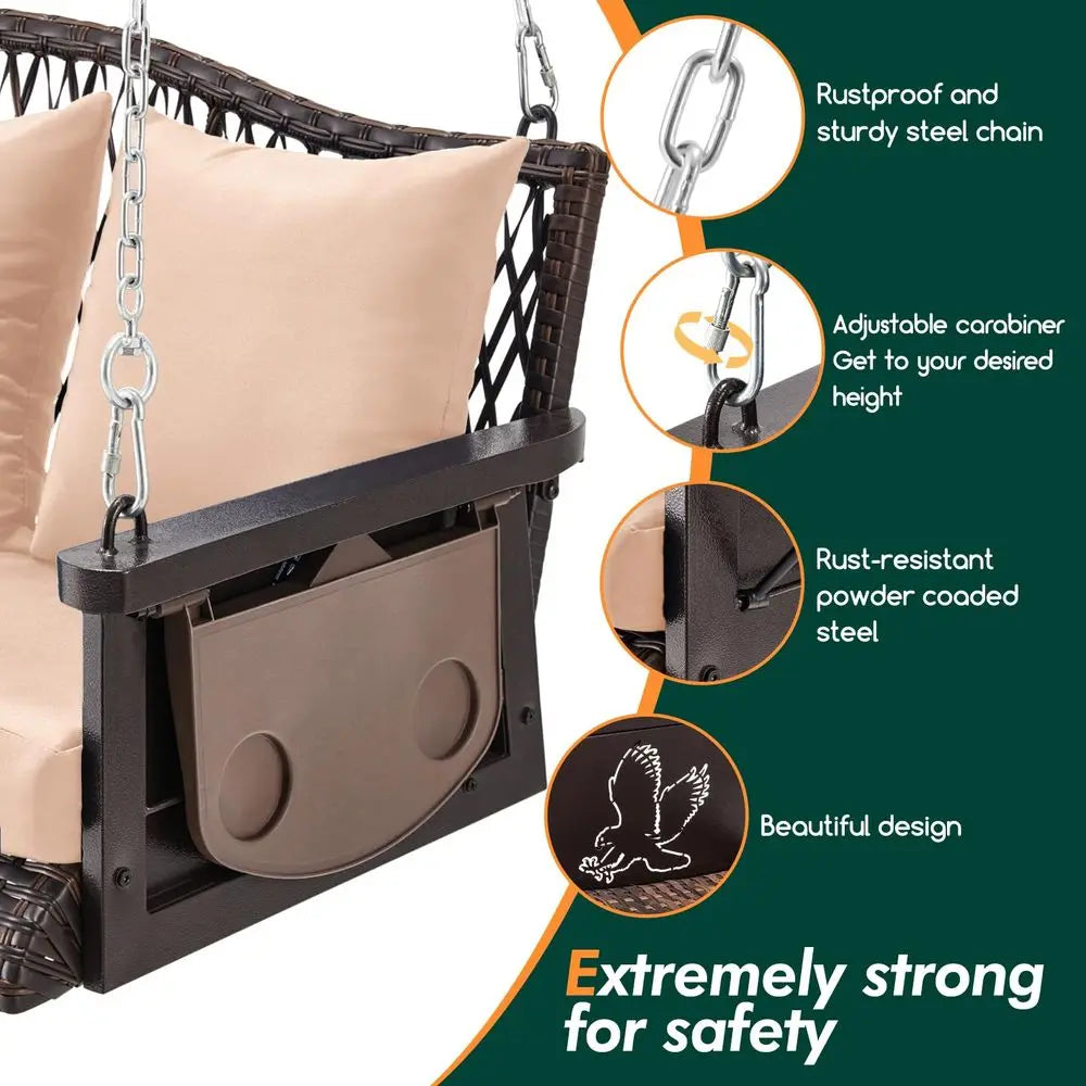 Wicker hanging porch swing with ergonomic design, cushioned seat, and rustproof steel frame