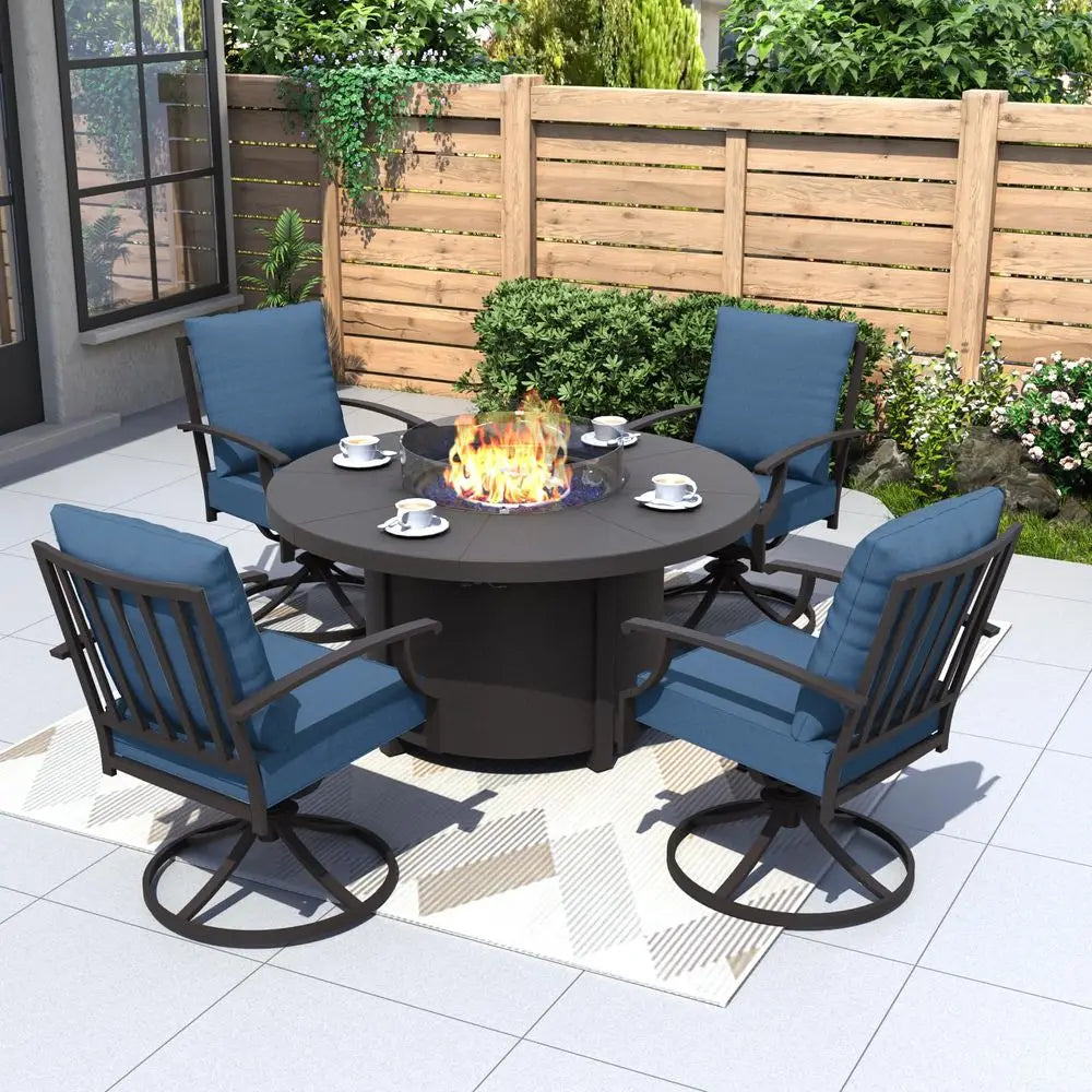 5 piece metal outdoor patio furniture set with round fire pit table and chairs in garden setting