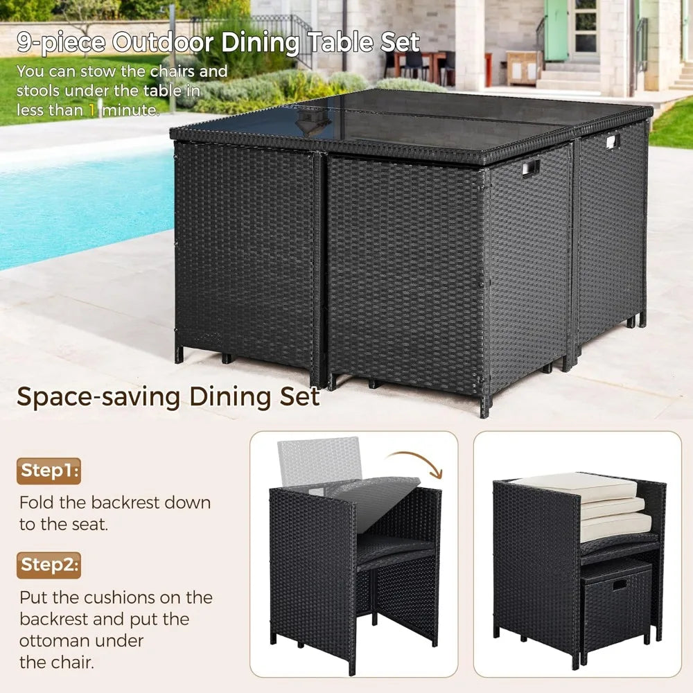 9-Piece Patio Dining Sets, Outdoor Space Saving Rattan Chairs with Glass Table, Wicker Sectional Conversation Furnitur