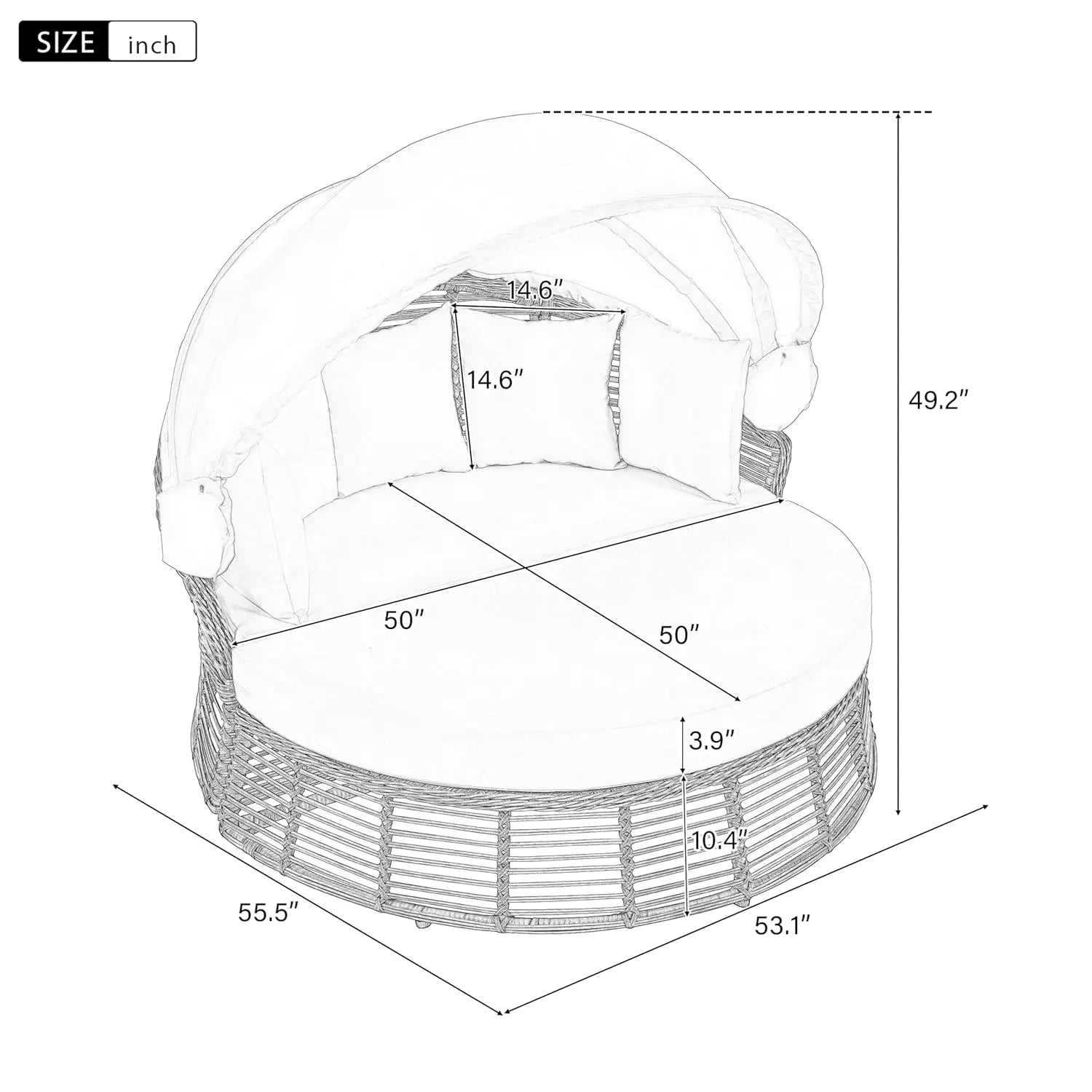 Modern rattan round daybed with retractable bamboo canopy and cushions outdoors