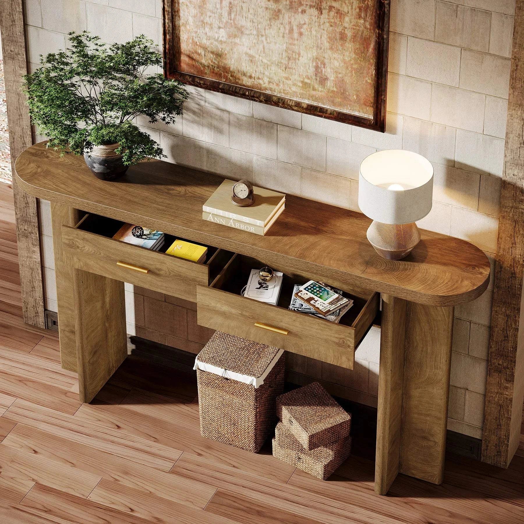 Farmhouse Oval Curved Entryway Table with Storage