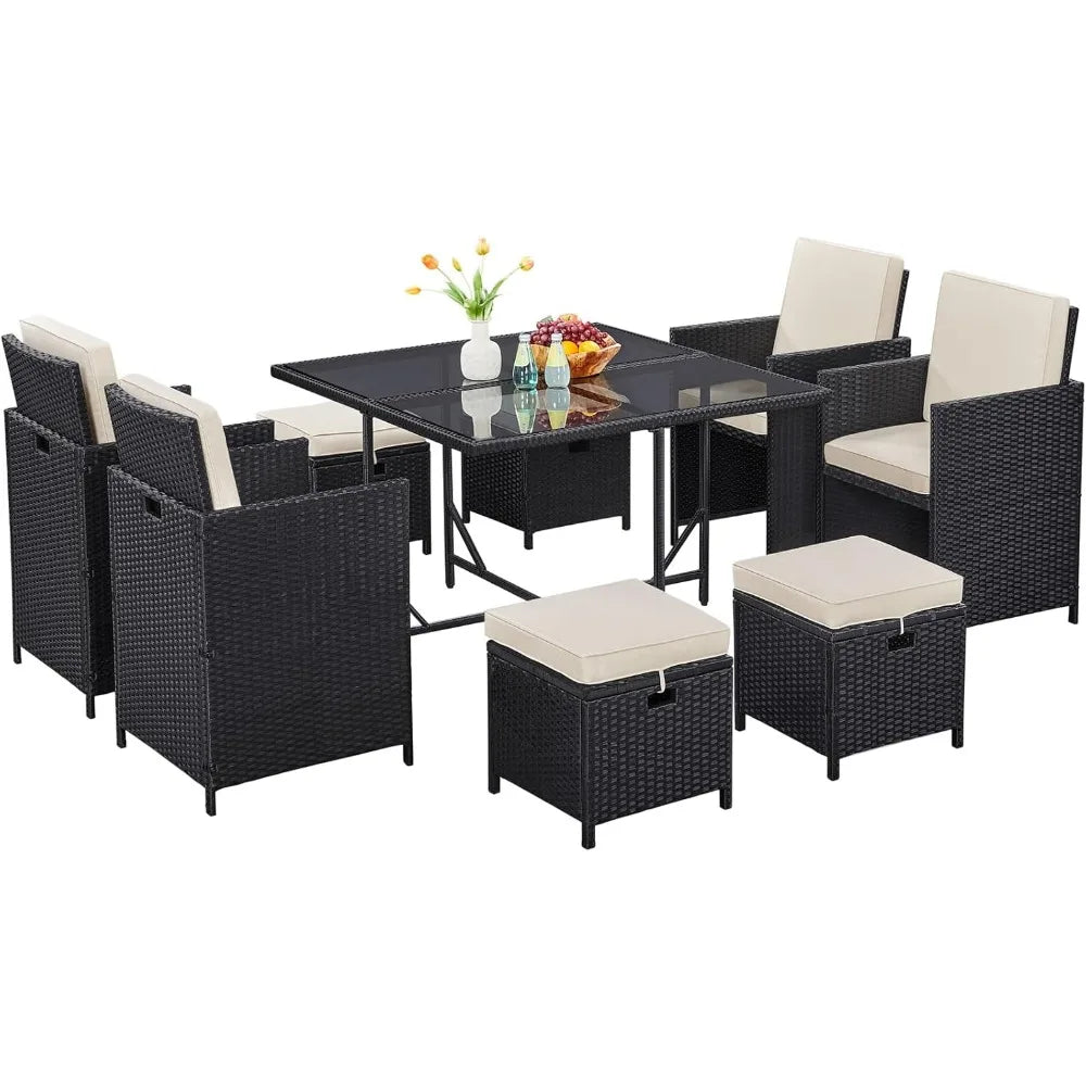 9-piece modern patio dining set with rattan chairs and glass table for outdoor space saving
