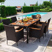 7-piece terrace reception set with acacia wood tabletop and hand-woven rattan chairs outdoor furniture