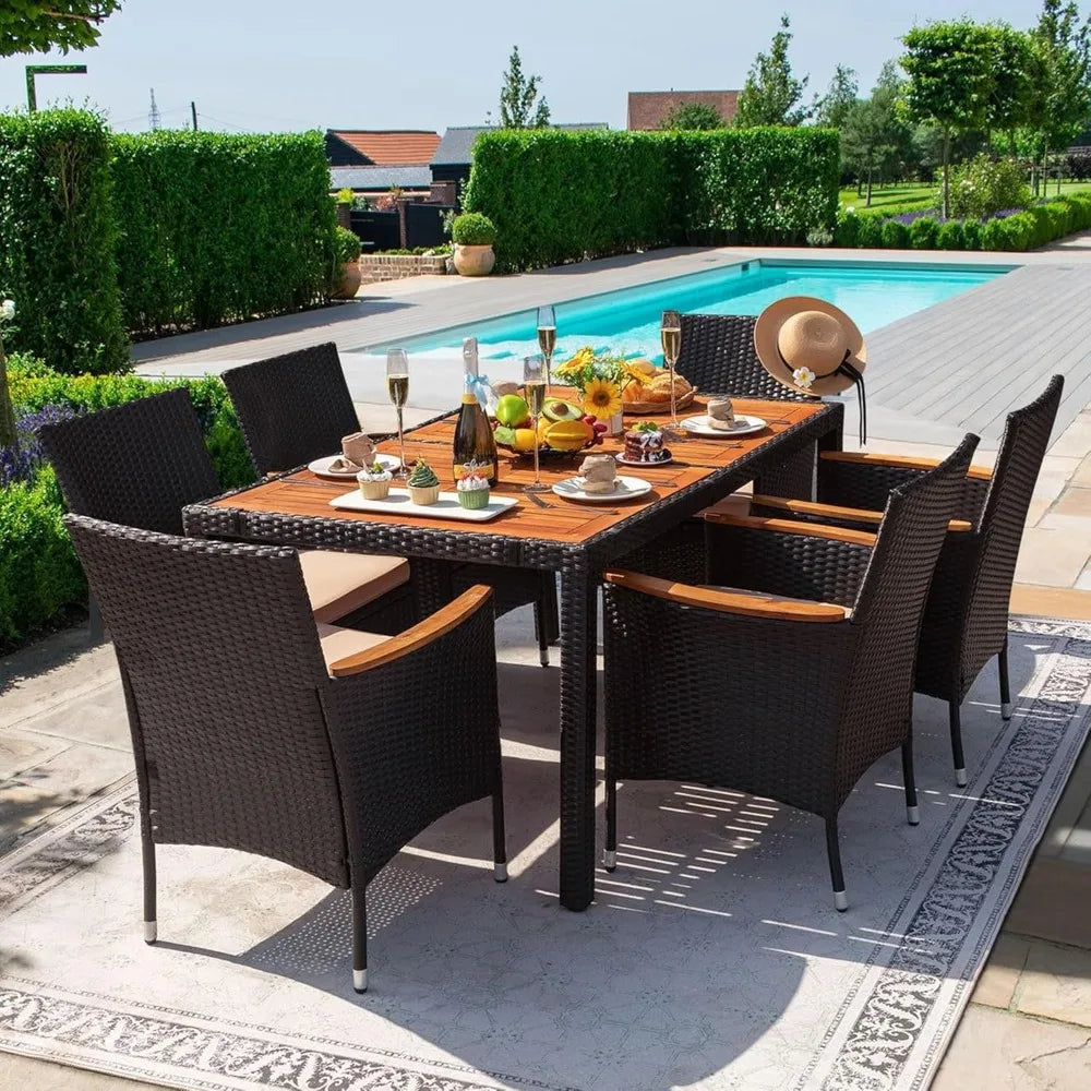 7-piece terrace reception set with acacia wood tabletop and hand-woven rattan chairs outdoor furniture