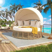 Modern rattan round daybed with retractable canopy and bamboo frame