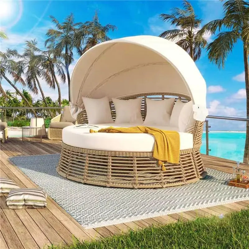 Modern rattan round daybed with retractable canopy and bamboo frame
