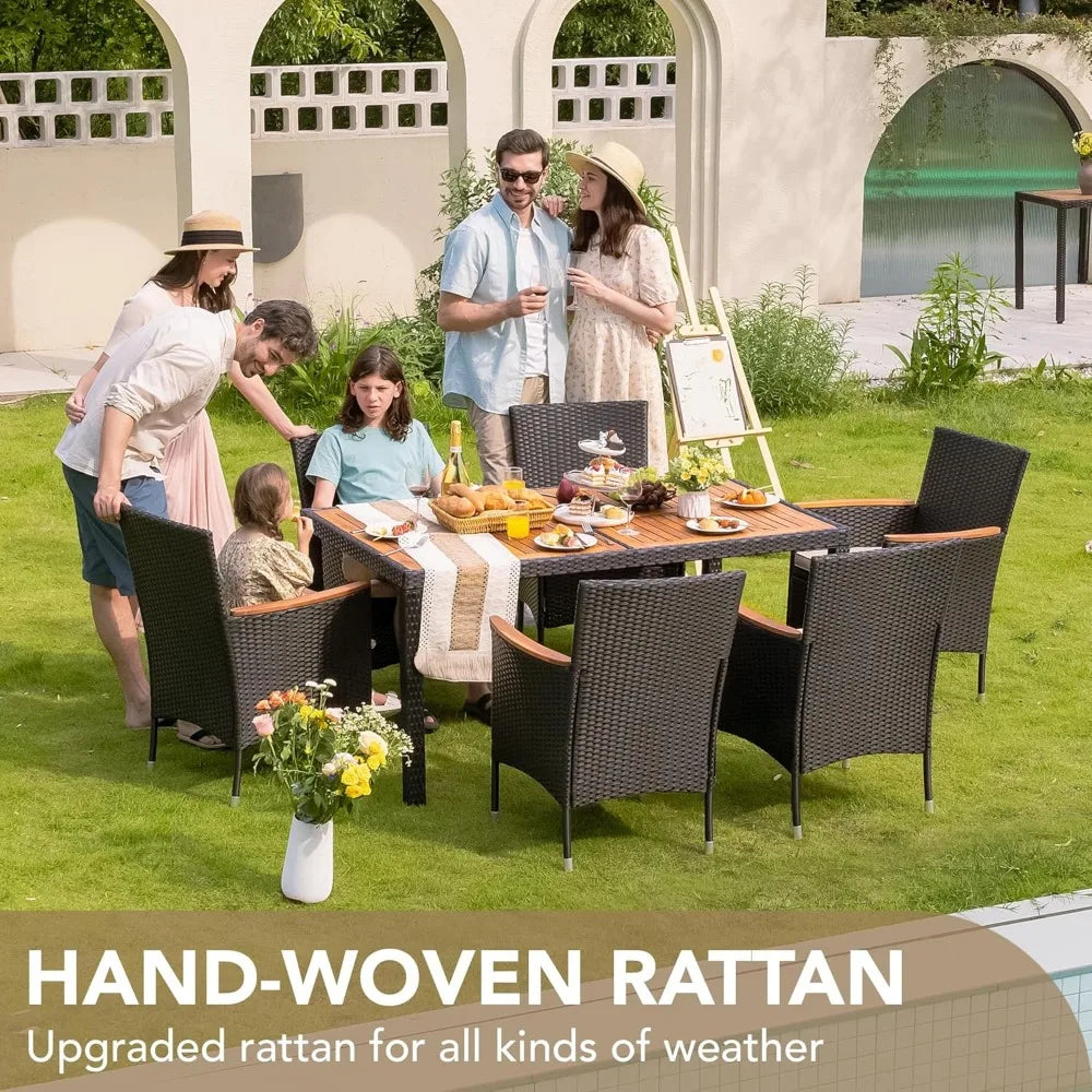 7-piece terrace reception set with acacia wood tabletop and rattan chairs outdoors