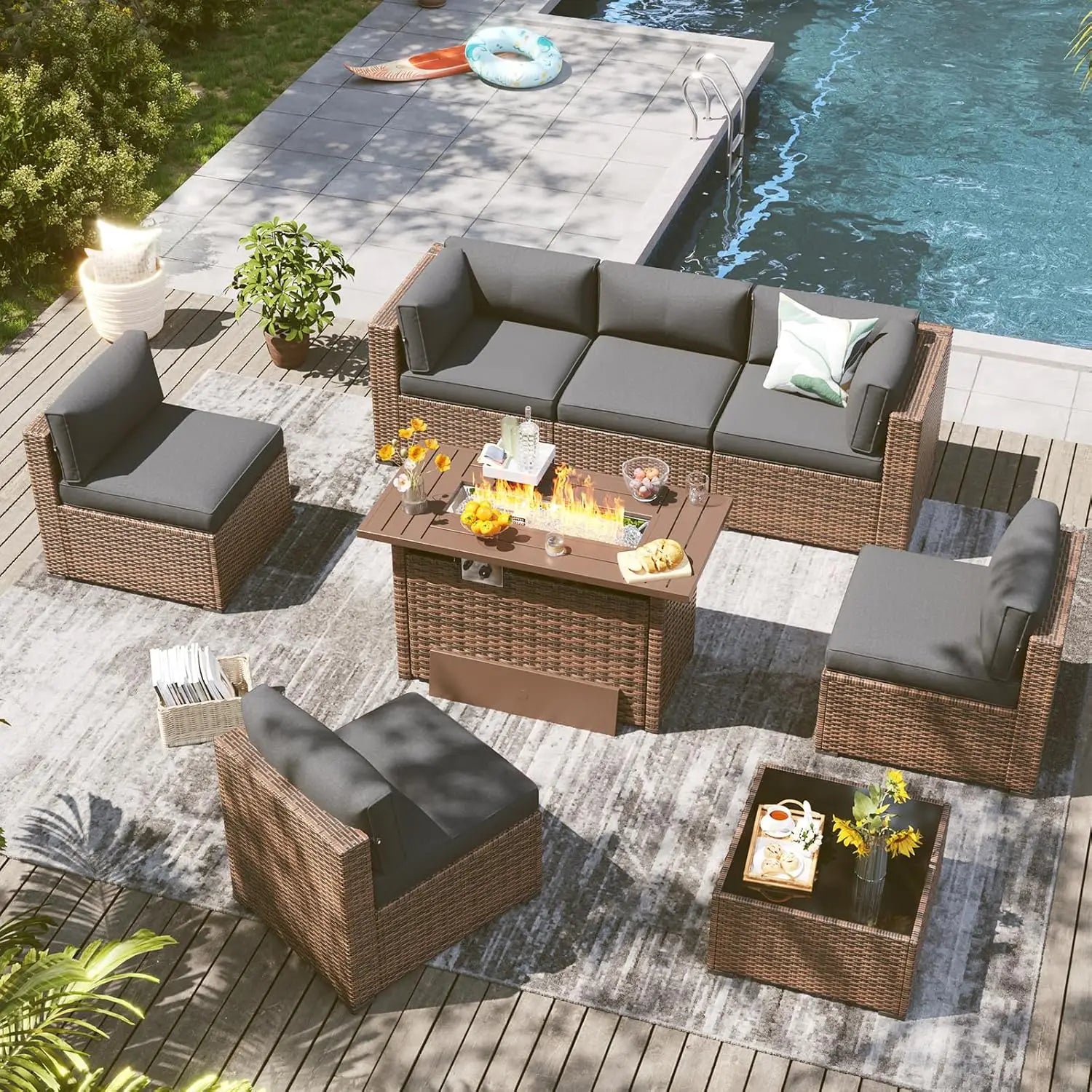 8 Piece Outdoor Patio Furniture Set with 44'' Fire Pit Table