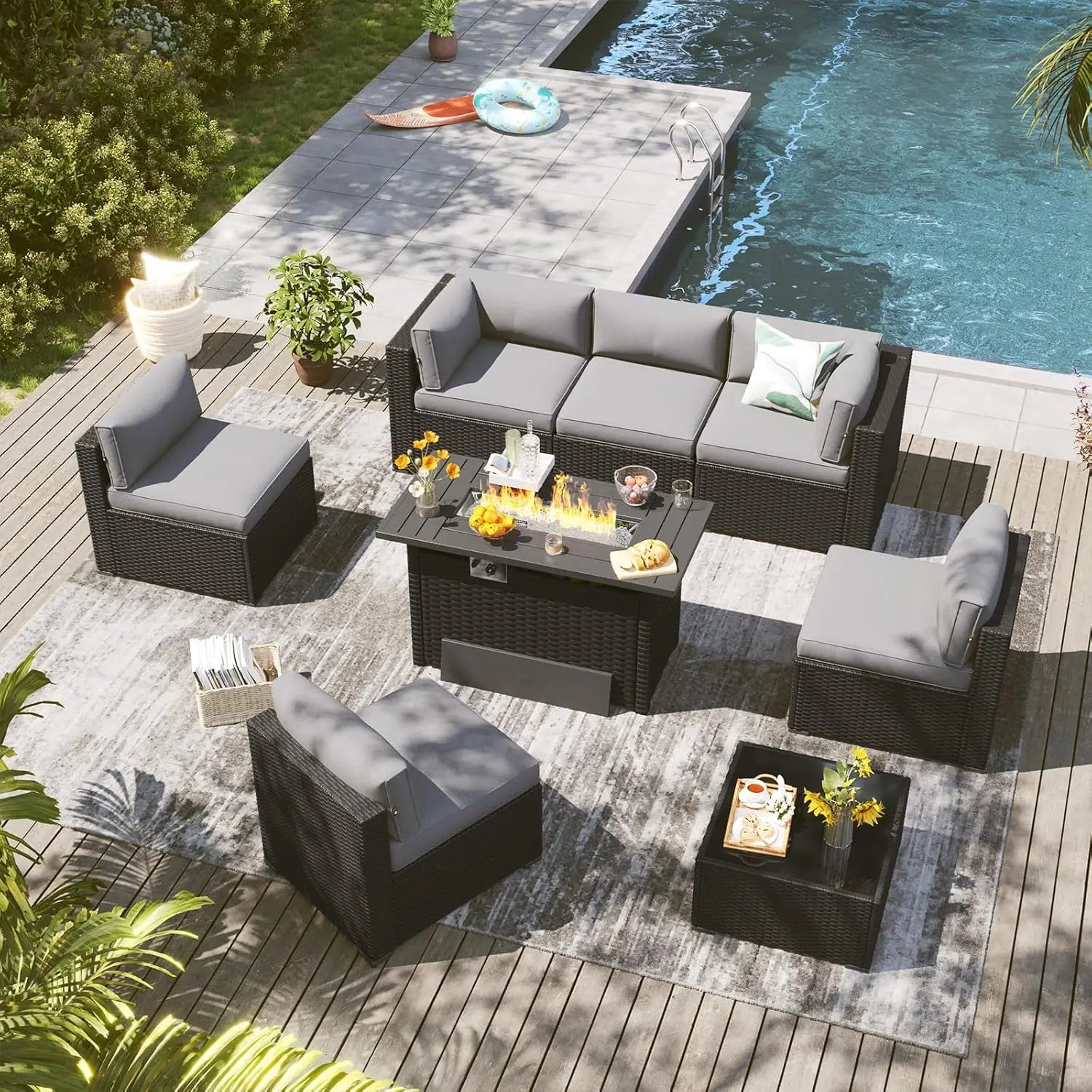 8 Piece Outdoor Patio Furniture Set with 44'' Fire Pit Table