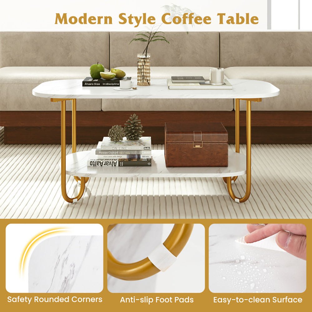 Modern 2-tier faux marble top coffee table with gold metal frame and spacious lower shelf