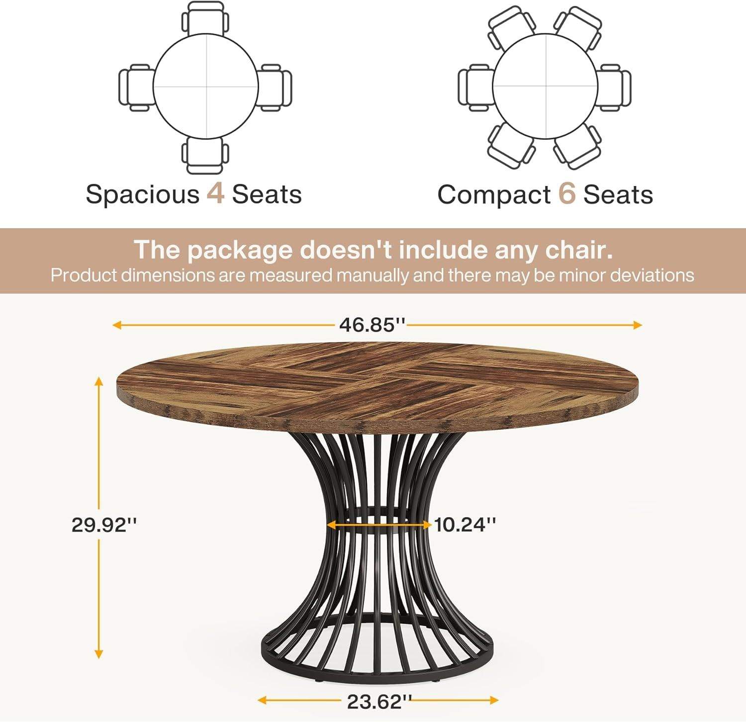 Round dining table with wood grain MDF top and metal base, seating 4-6 people for home or office use