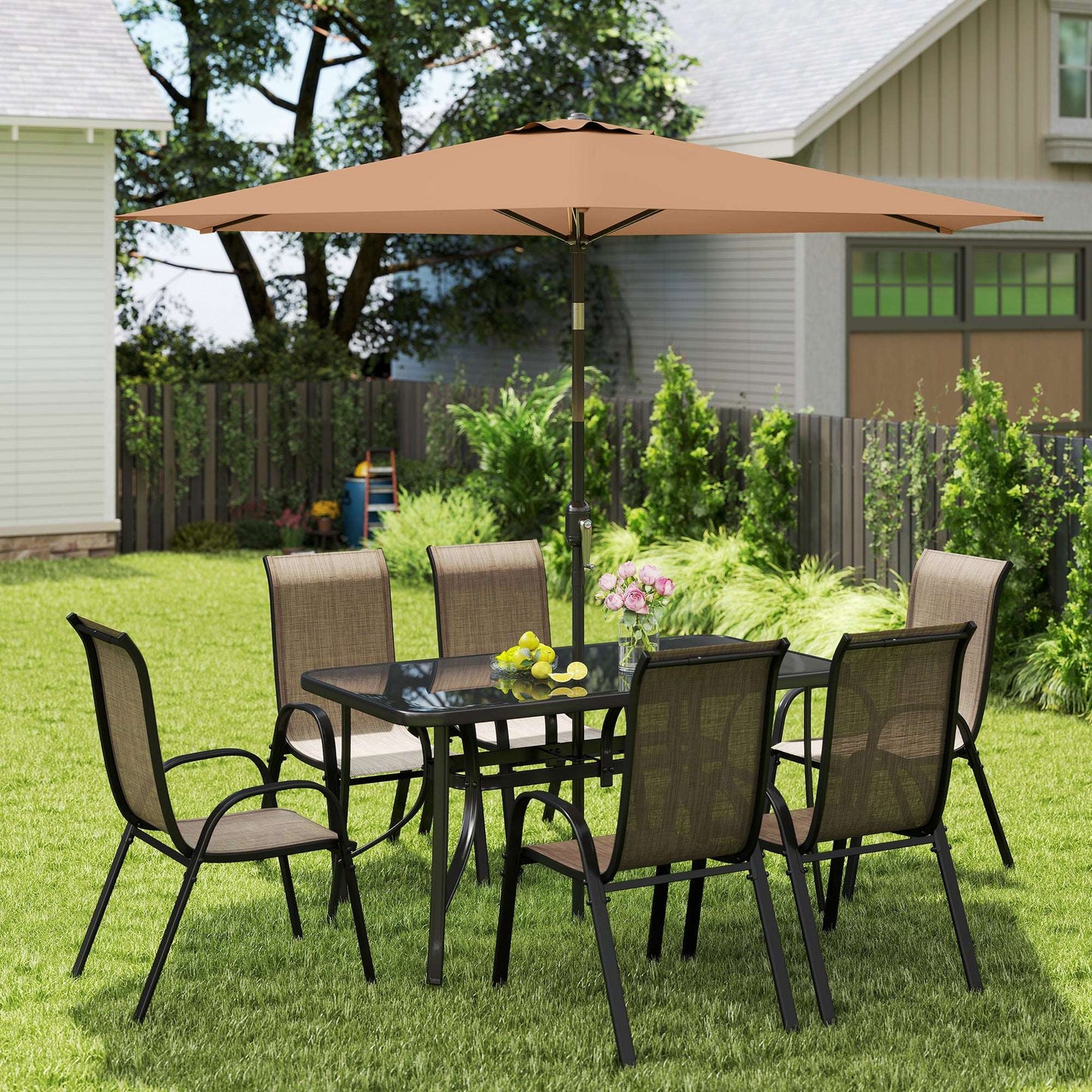 8 Pieces Furniture Set with 9Ft Patio Umbrella Dining Table and Chairs