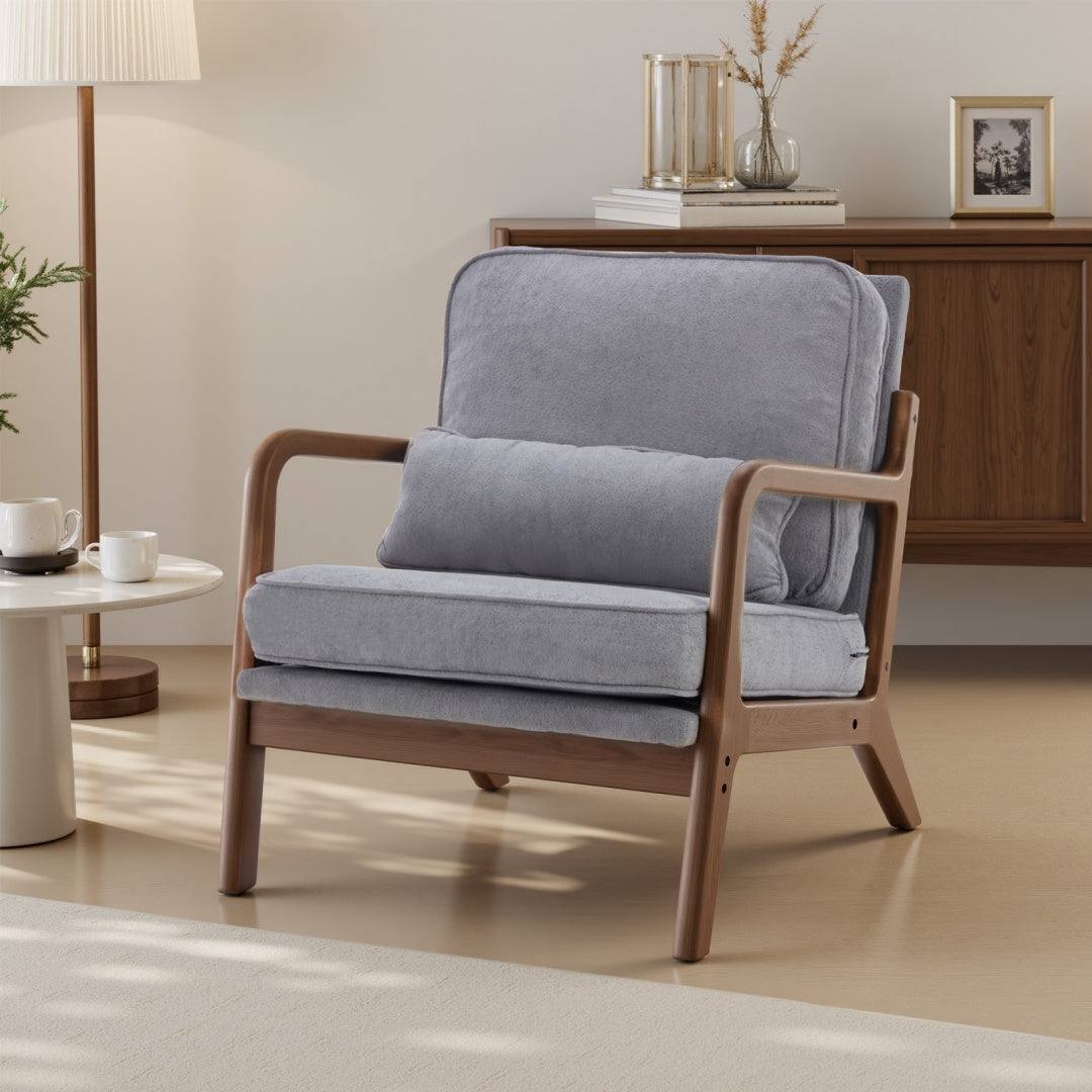 Mid Century Modern Chair accent chair with arms and waist cushion in beige and dark green colors