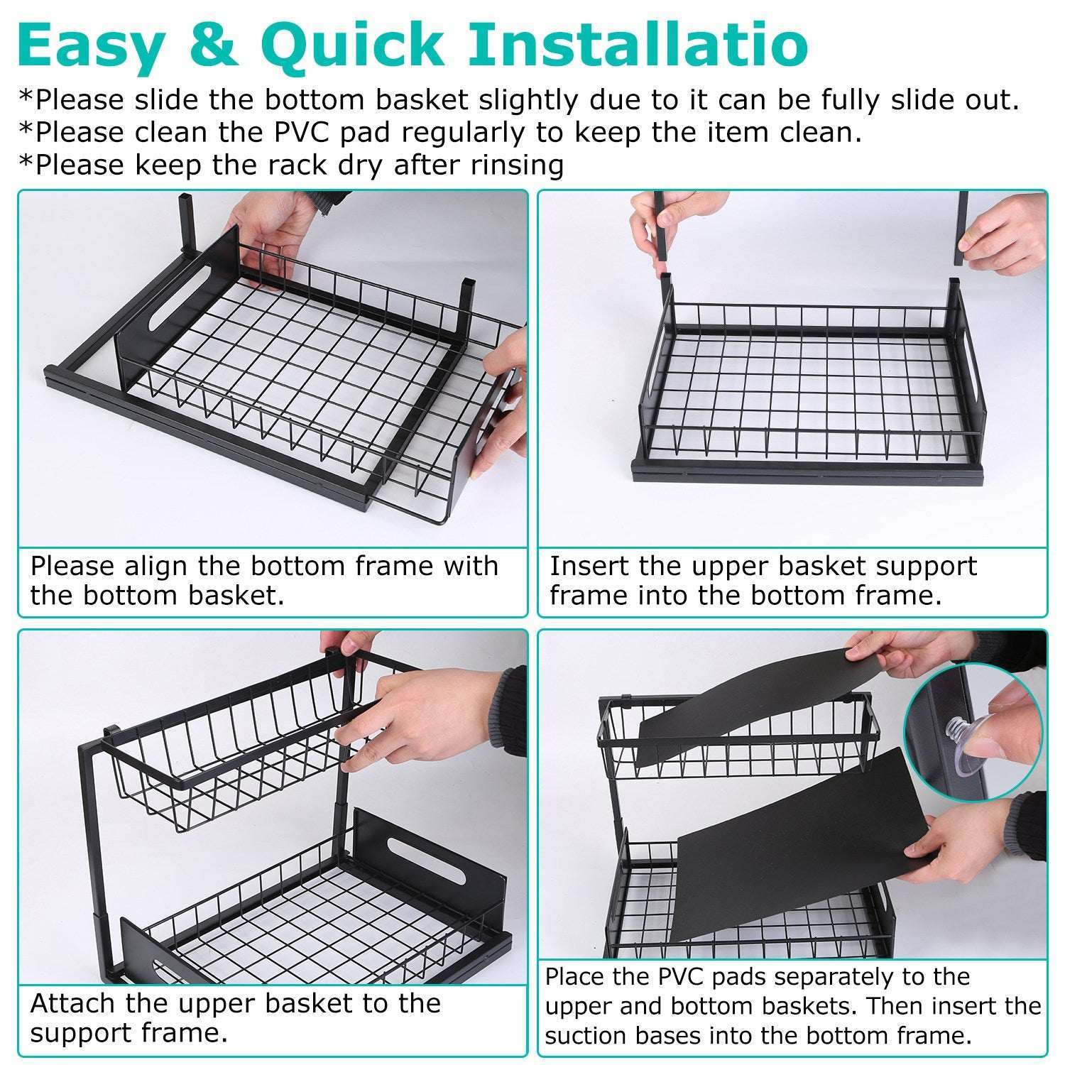 2 Tier Under Sink Organizers pull out baskets with rust-proof carbon steel frame and PVC pads for durable under cabinet storage