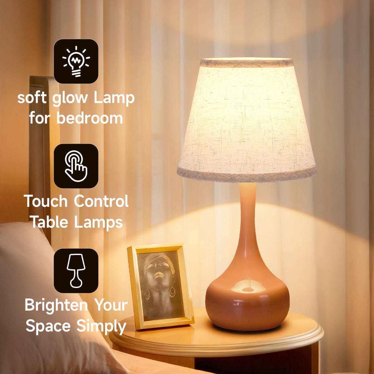 2-piece set of three level dimming small table lamps with fabric shades on bedside tables