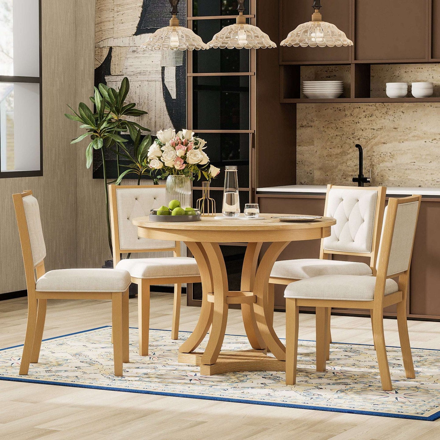 TREXM 5-Piece Retro Functional Dining Table Set Extendable Round Table