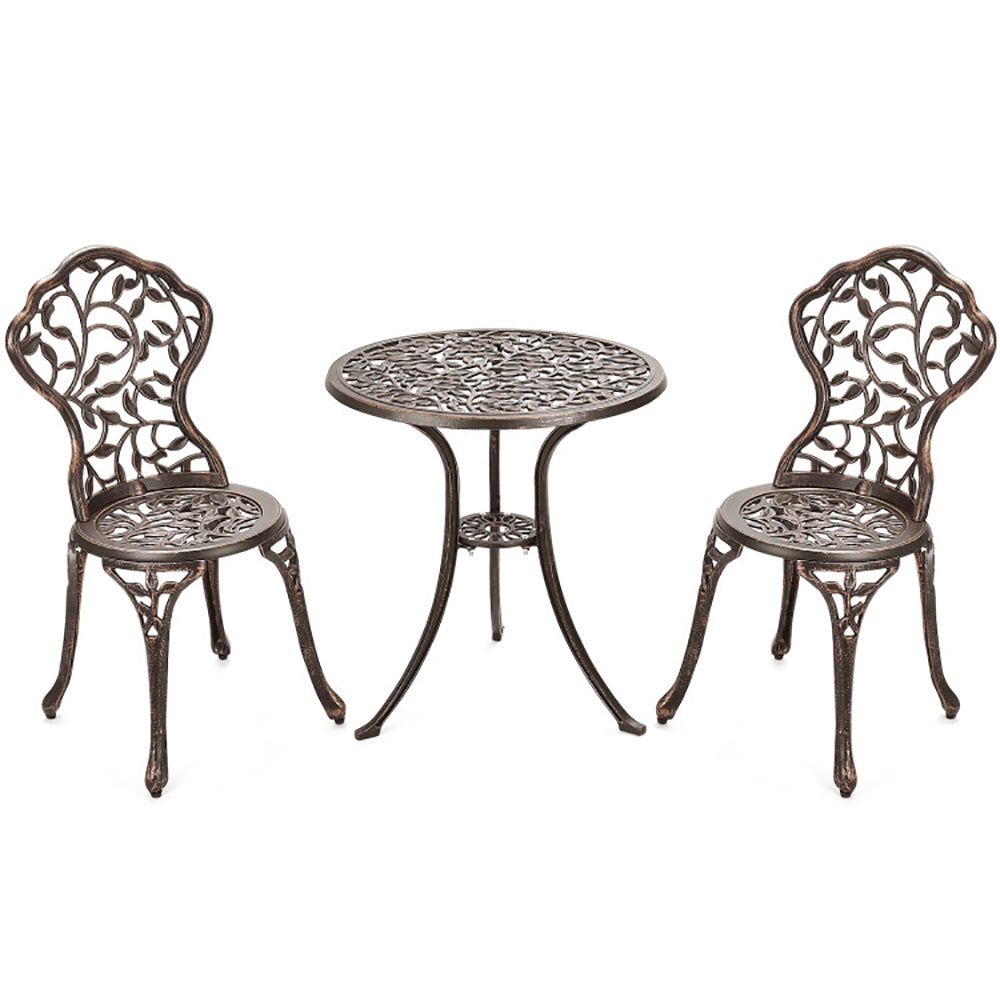 Cast aluminum bistro set with 3 pieces including table and ergonomic chairs, antique finish, durable outdoor patio furniture