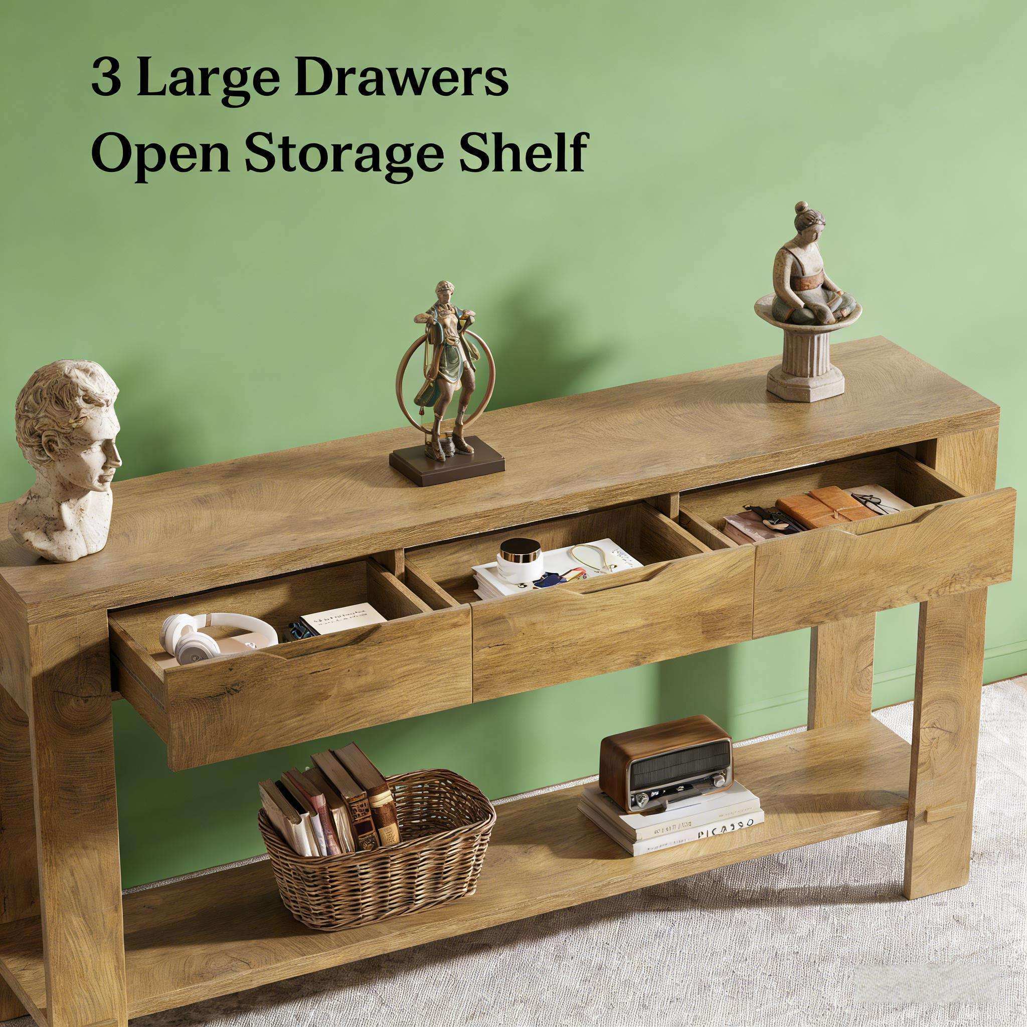 Modern authentic oak console table with storage drawers and open shelf in entryway setting