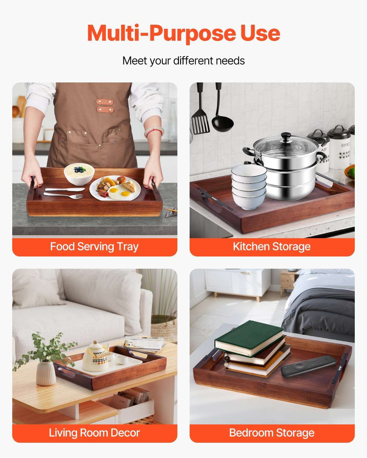 Acacia serving tray with handles made of polished acacia wood, 16x12 inches, durable and lightweight for serving food and drinks