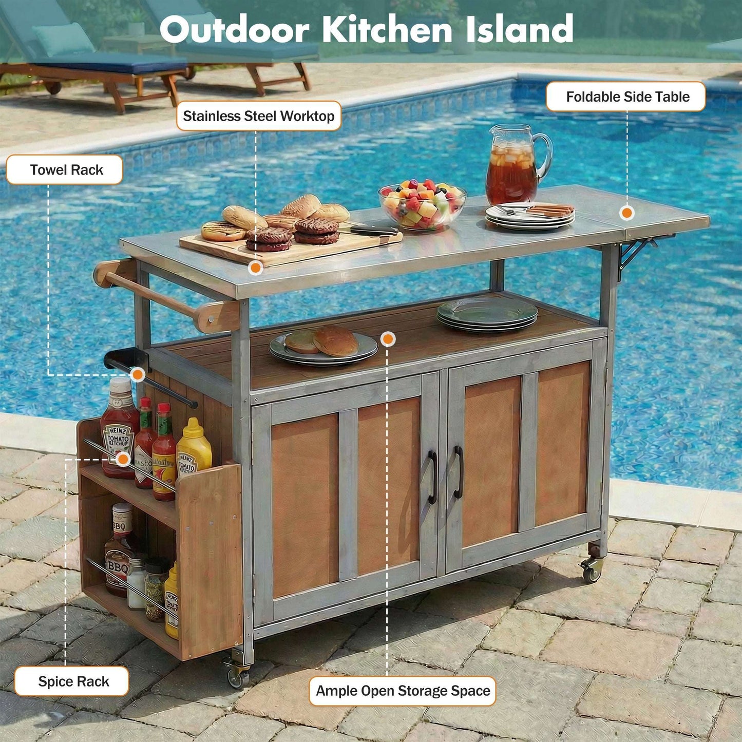 Foldable Outdoor Kitchen Island Patio Mobile Kitchen Cart